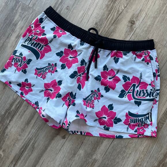 AussieBum Swim Shorts Size L Floral Hibiscus Print White Pink Black Drawstring - Picture 1 of 9